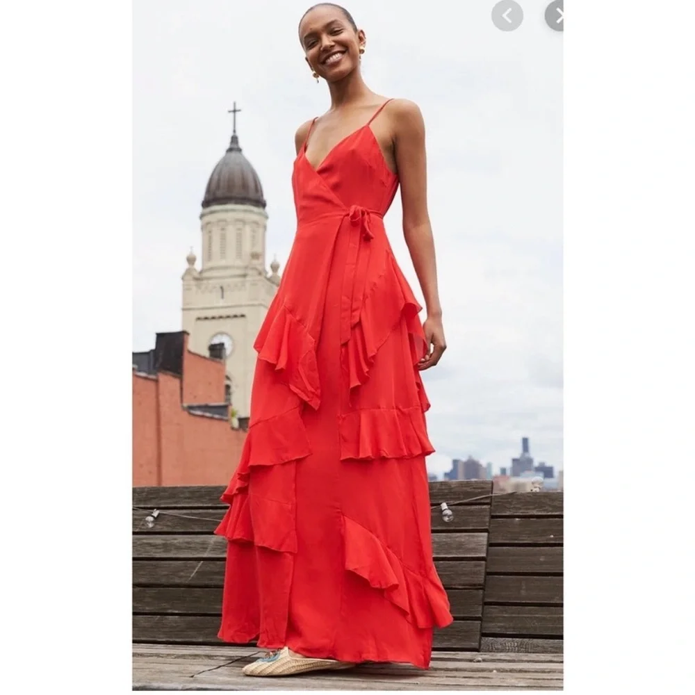 lpa red dress LPA By Revolve Red Wrap Daydream Front-Tie Dress with Bell Sleeves